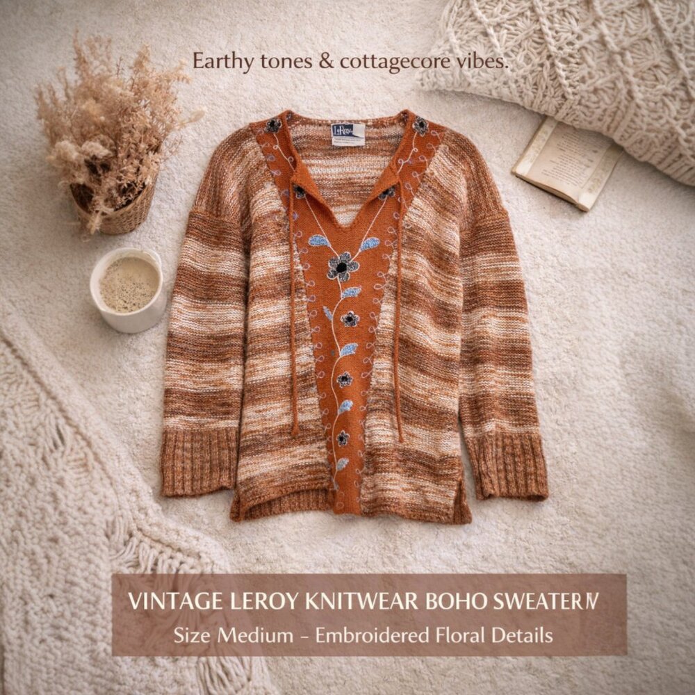Vintage LeRoy Knitwear Boho Sweater | Embroidered Floral | Women’s M